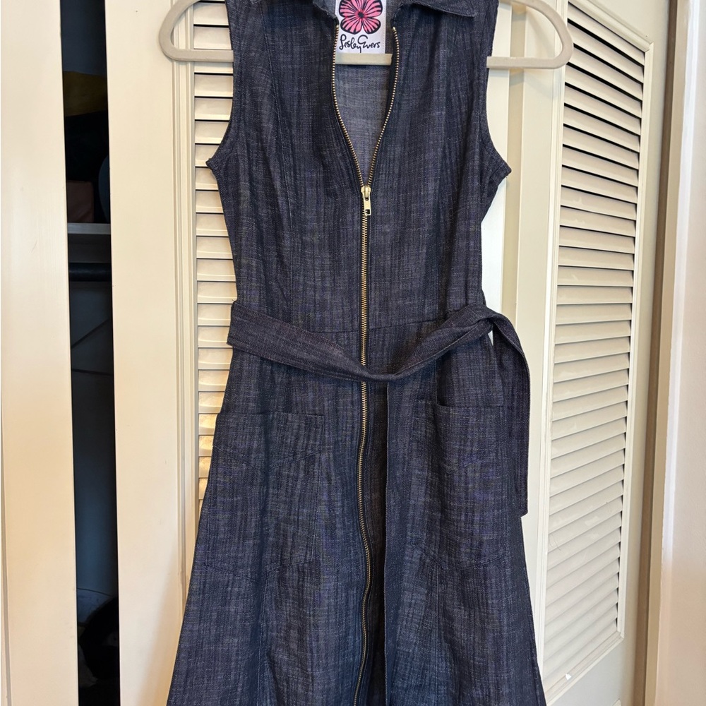 Stylish Denim Zip-Front Midi Dress Pockets Belt XS Excellent Condish